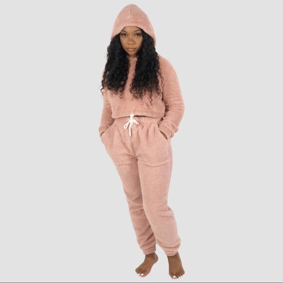 NWT Parisian Crop Sherpa Hoodie Jogger Set Womens 10 Pink Lounge Cozy Neutral - Picture 2 of 3